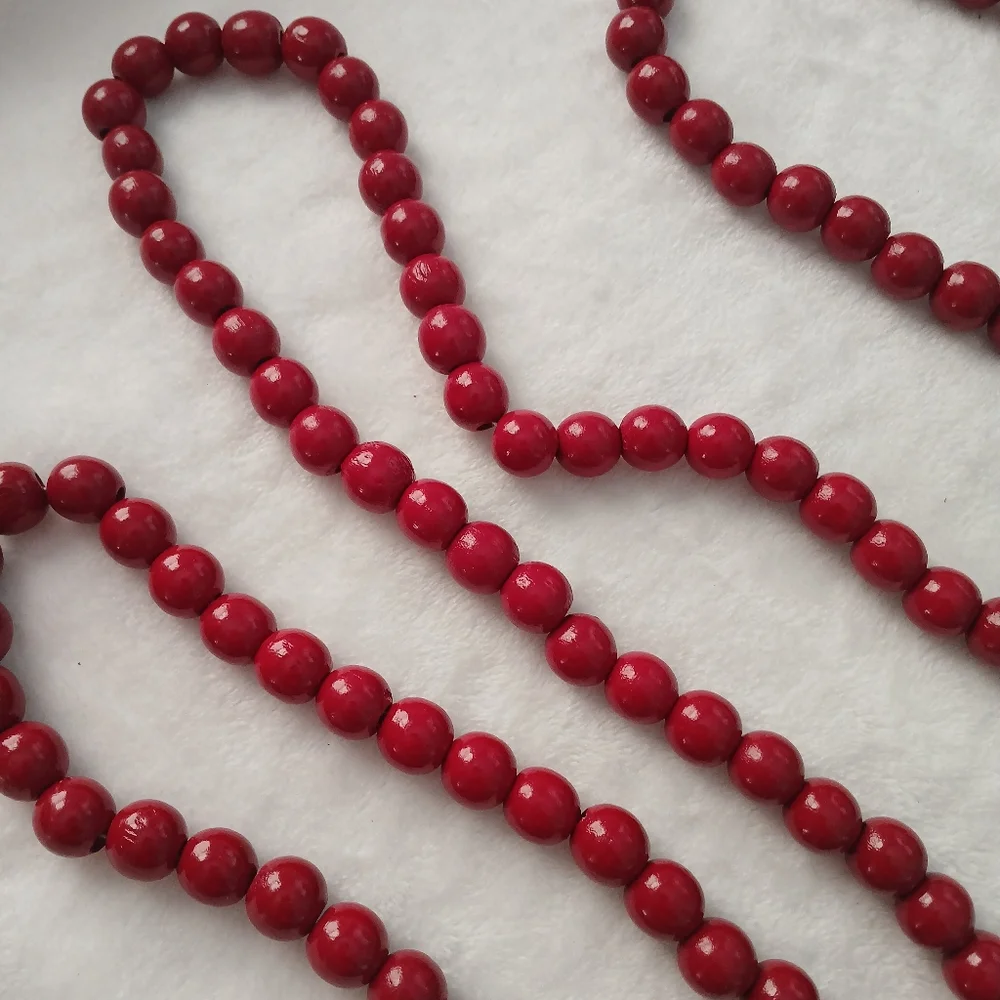 Christmas Red Wooden Bead Garland 9Ft Set Of 2 Pieces